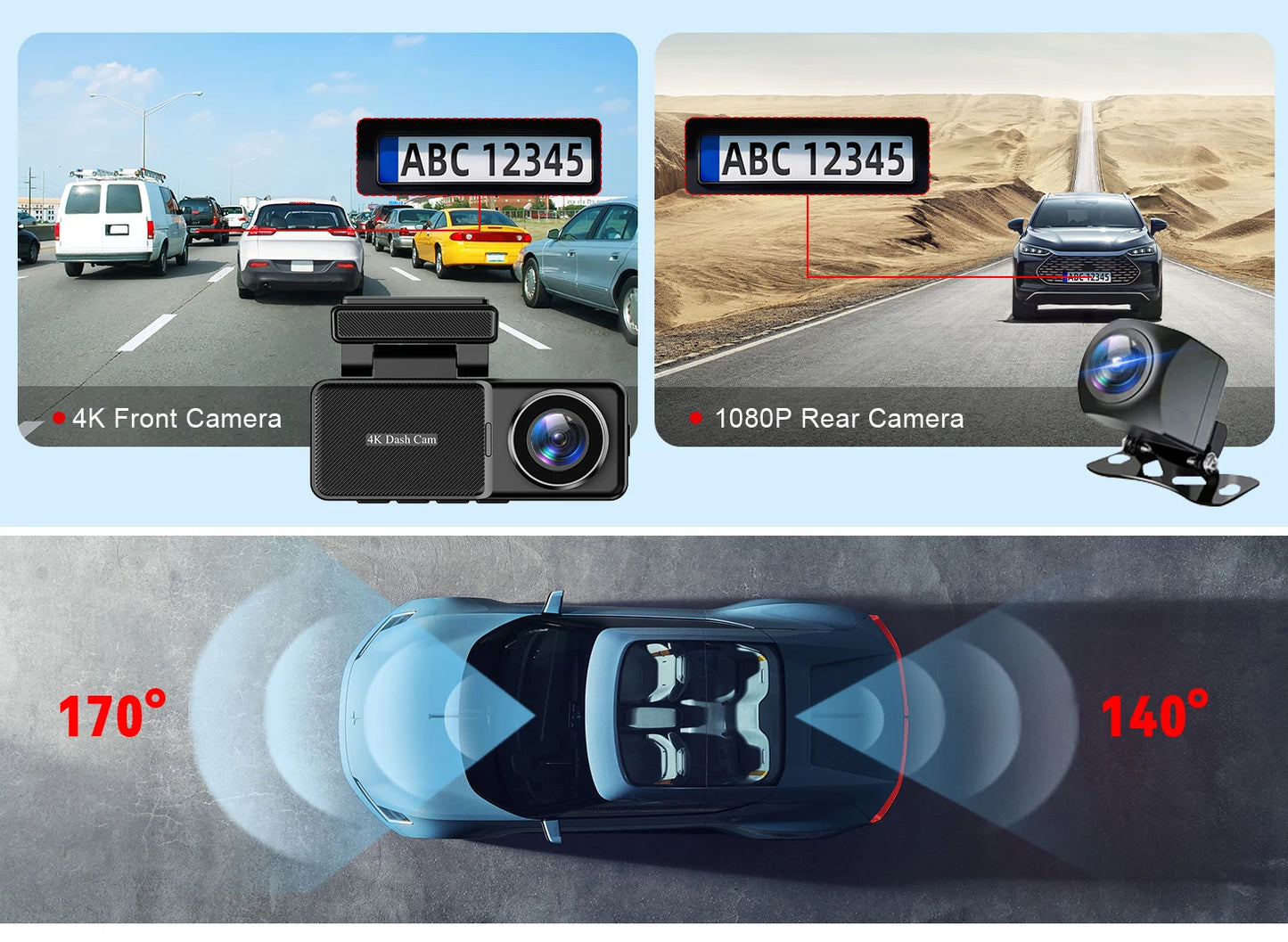 Aurora Optic Pro : Dash Cam Front & Rear, 4K/1080P HD, Wi-Fi App, GPS, 24H Parking Mode, WDR, Night Vision, 170° Wide Angle Lens