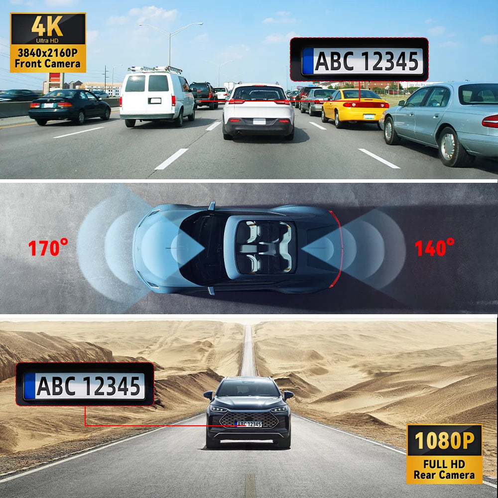 Aurora Optic : 4K/1080P Full HD Front & Rear Dash Camera, Touch Screen, Wi-Fi App Connection, GPS, 24H Parking, WDR