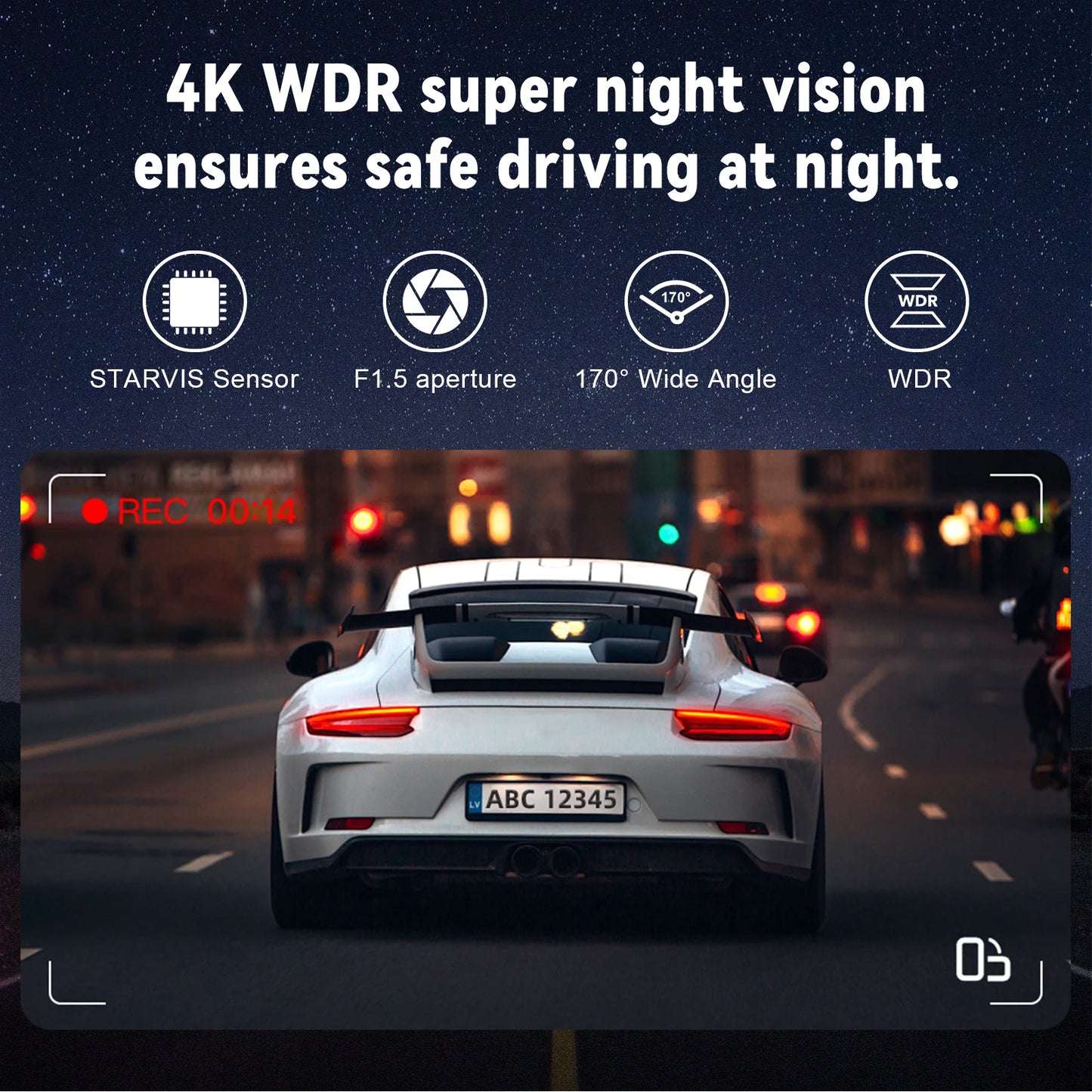 Aurora Optic Pro : Dash Cam Front & Rear, 4K/1080P HD, Wi-Fi App, GPS, 24H Parking Mode, WDR, Night Vision, 170° Wide Angle Lens