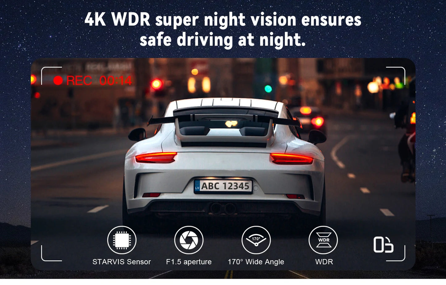 Aurora Optic Pro : Dash Cam Front & Rear, 4K/1080P HD, Wi-Fi App, GPS, 24H Parking Mode, WDR, Night Vision, 170° Wide Angle Lens