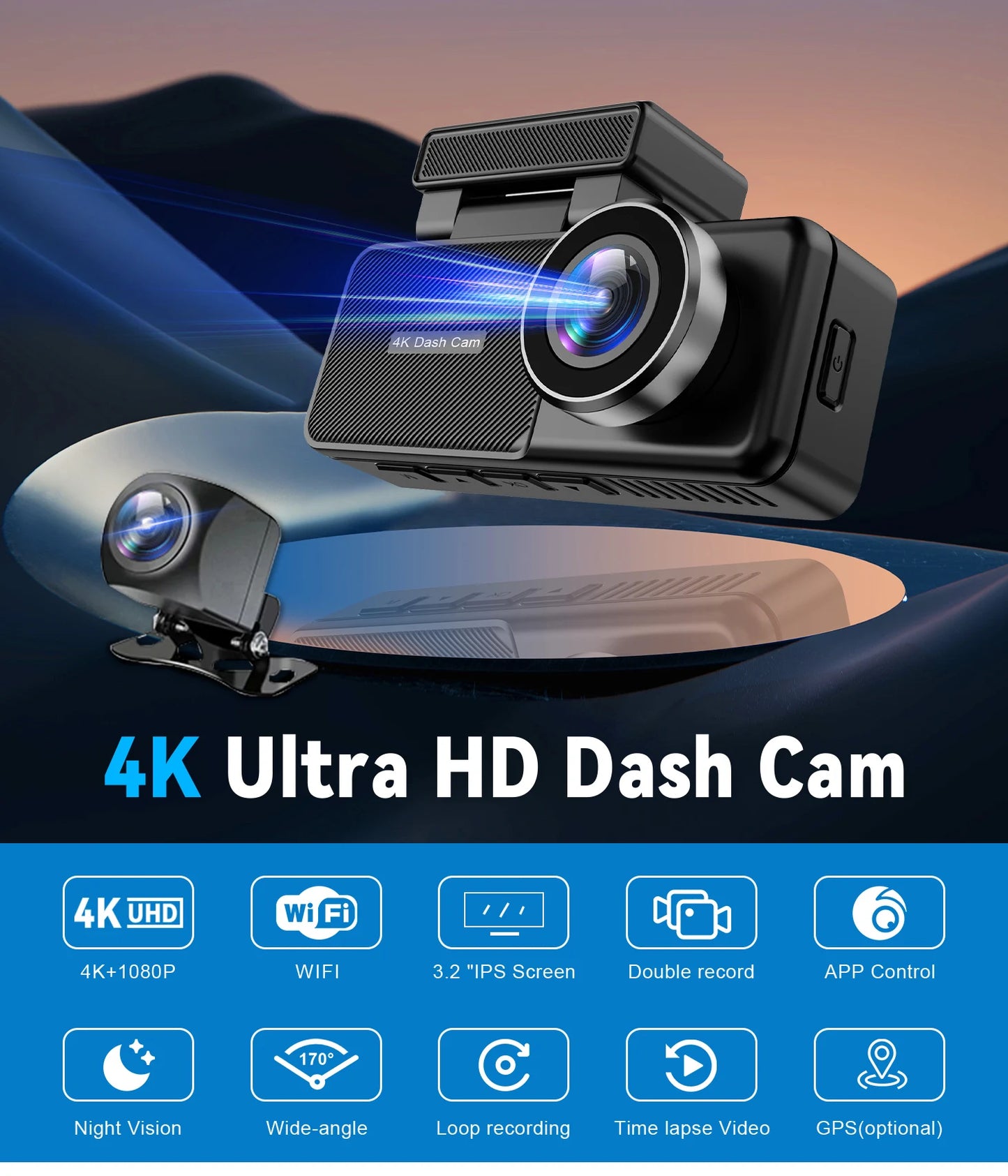 Aurora Optic Pro : Dash Cam Front & Rear, 4K/1080P HD, Wi-Fi App, GPS, 24H Parking Mode, WDR, Night Vision, 170° Wide Angle Lens