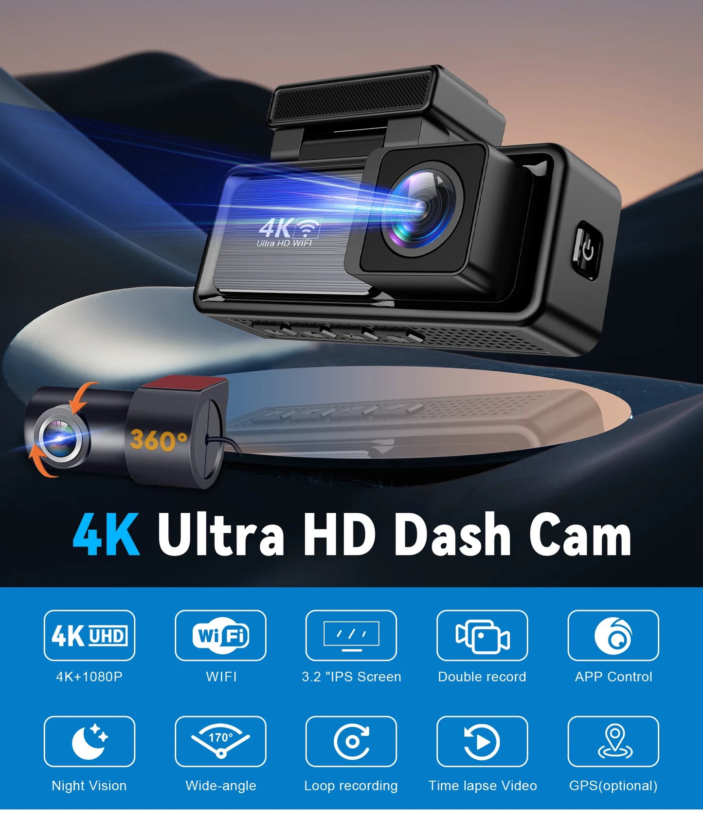 Aurora Optic : 4K/1080P Full HD Front & Rear Dash Camera, Touch Screen, Wi-Fi App Connection, GPS, 24H Parking, WDR