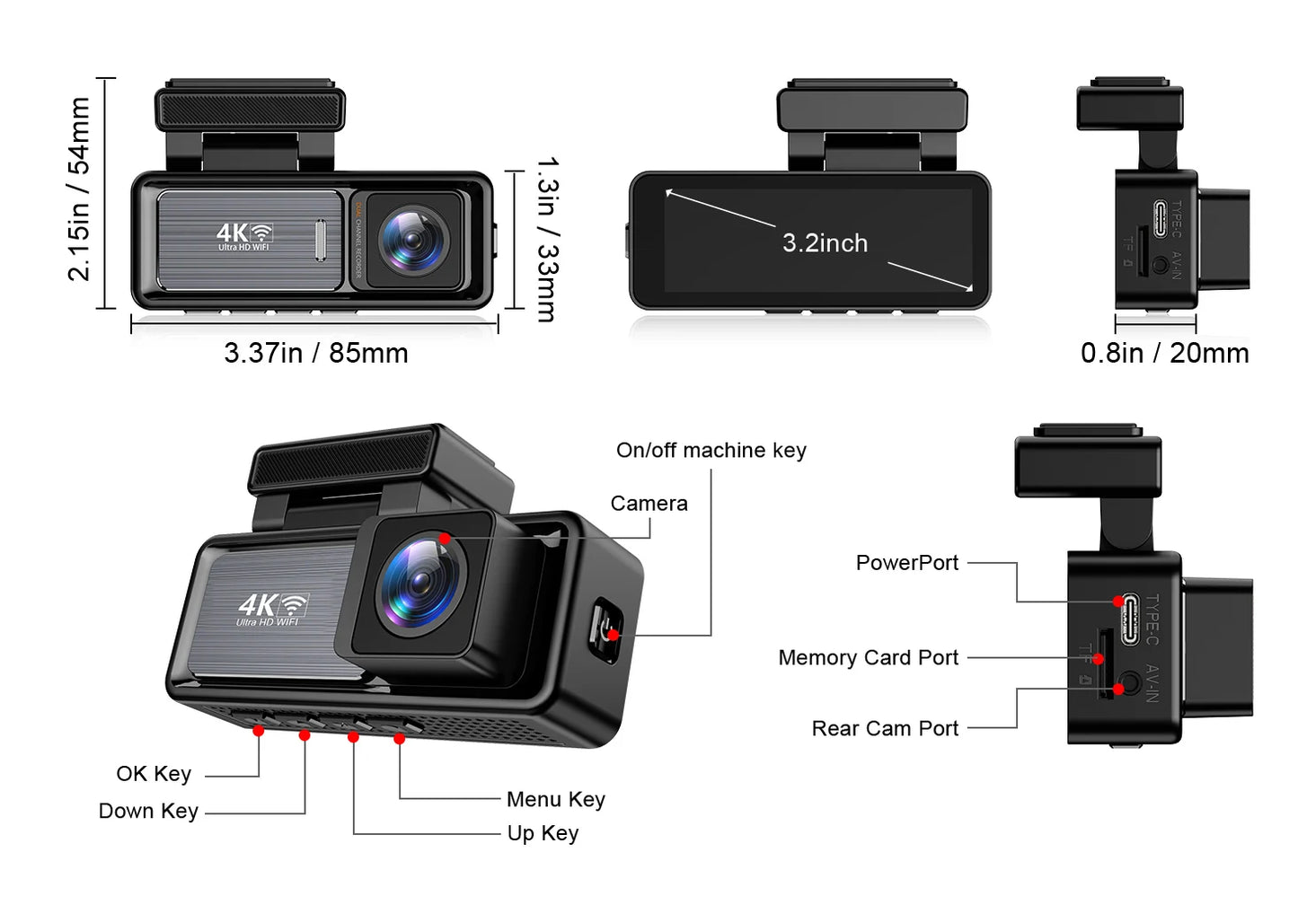 Aurora Optic : 4K/1080P Full HD Front & Rear Dash Camera, Touch Screen, Wi-Fi App Connection, GPS, 24H Parking, WDR