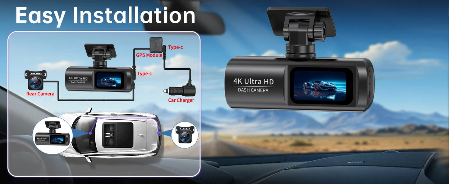 Aurora Stealth : 4K+1080P Front and Rear Dash Cam with GPS, App Connection, and 24H Parking Monitor