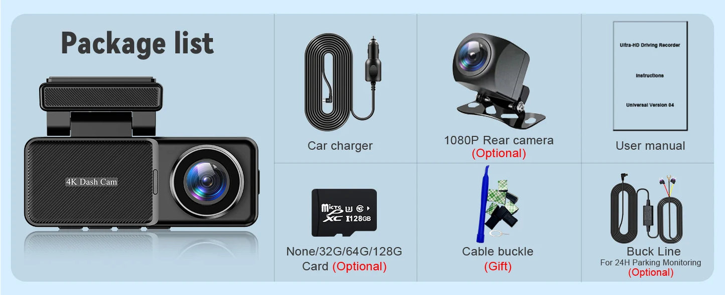 Aurora Optic Pro : Dash Cam Front & Rear, 4K/1080P HD, Wi-Fi App, GPS, 24H Parking Mode, WDR, Night Vision, 170° Wide Angle Lens