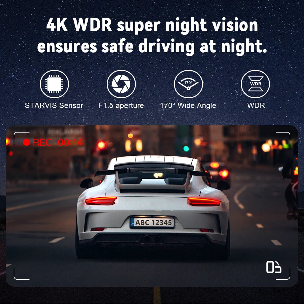 Aurora Optic : 4K/1080P Full HD Front & Rear Dash Camera, Touch Screen, Wi-Fi App Connection, GPS, 24H Parking, WDR