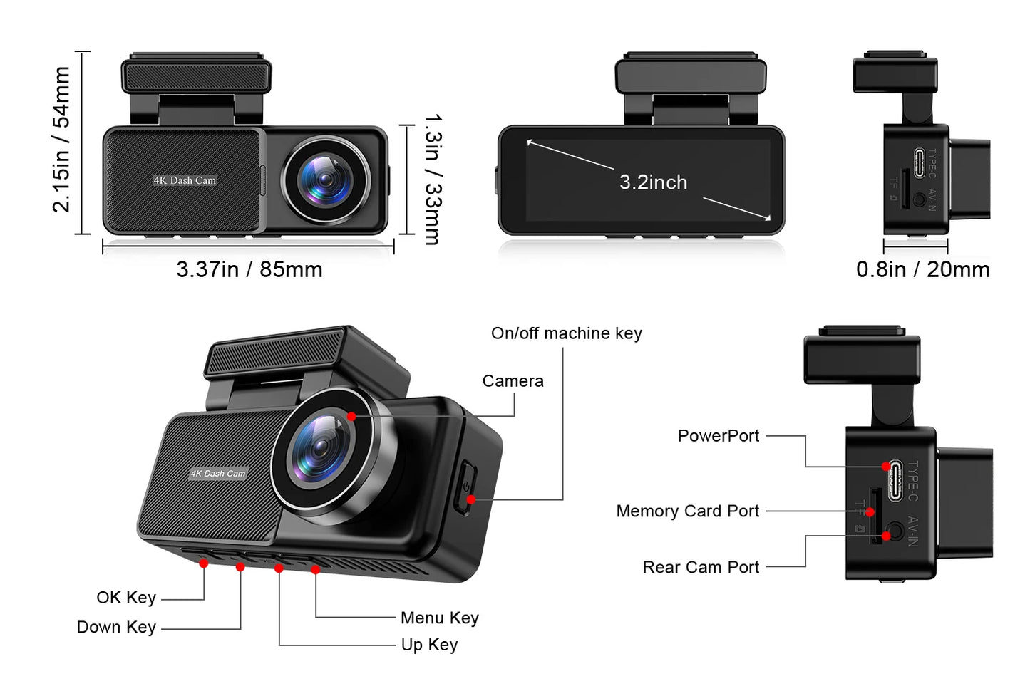 Aurora Optic Pro : Dash Cam Front & Rear, 4K/1080P HD, Wi-Fi App, GPS, 24H Parking Mode, WDR, Night Vision, 170° Wide Angle Lens